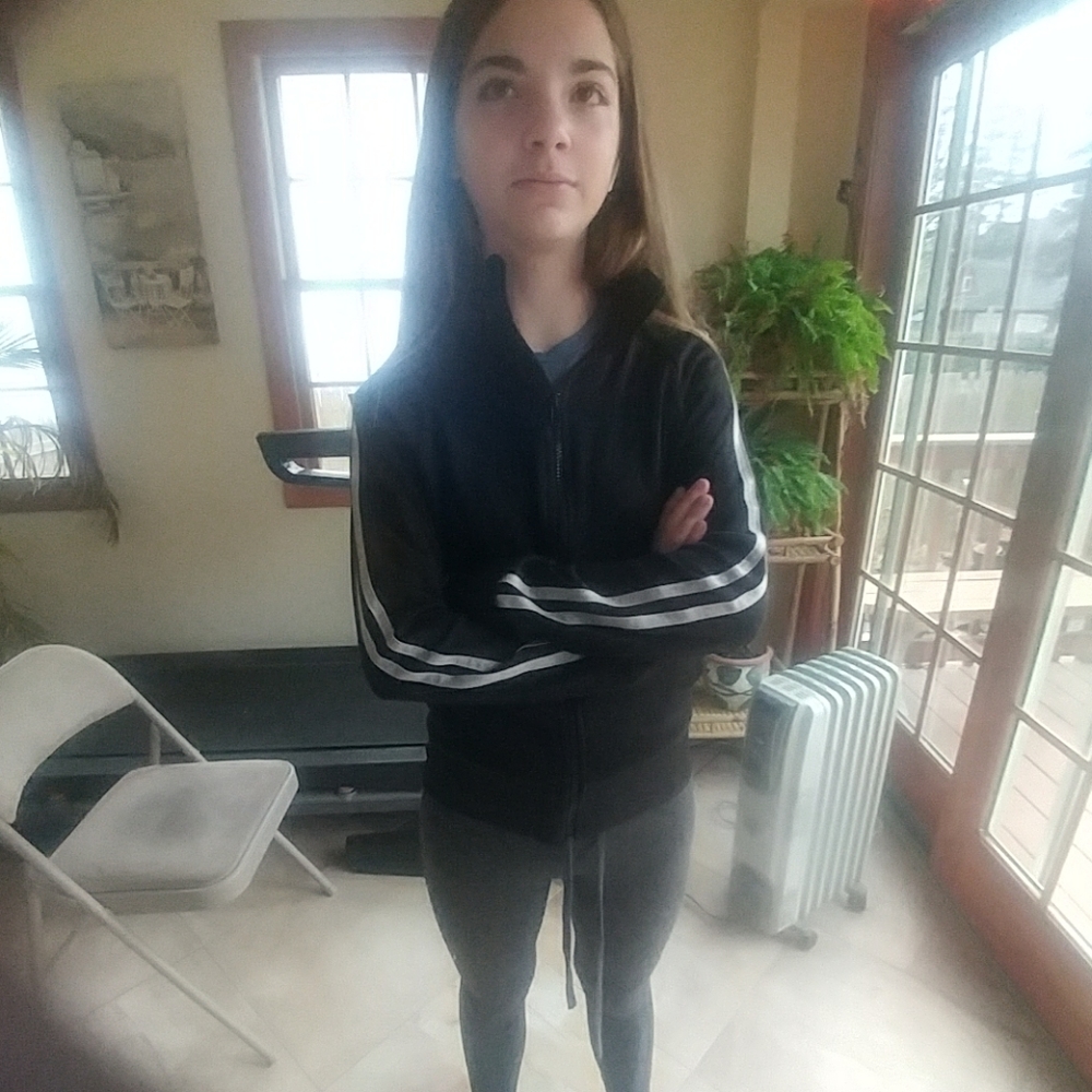 Zip up cute athletic coat with silver stripes down